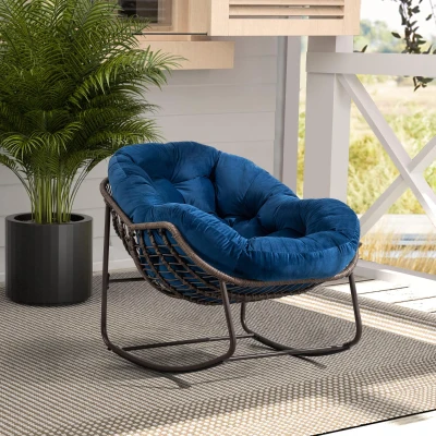 Outdoor Rattan Rocking Chair with Padded Cushion, Navy Blue