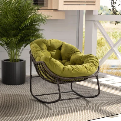 Outdoor Rattan Rocking Chair with Padded Cushion, Olive