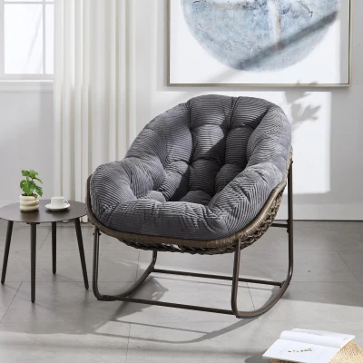 Oversized Outdoor Rattan Rocking Chair with Padded Cushion, Grey