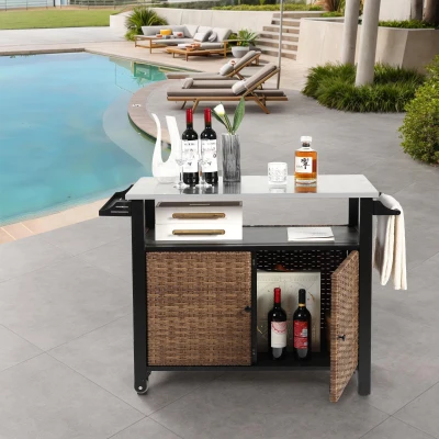 Outdoor Kitchen Wicker Island Rolling Cart with Wheels, Brown