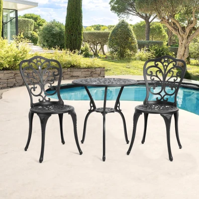 3-Piece Outdoor Patio Bistro Set with Decorative Floral Design, Black