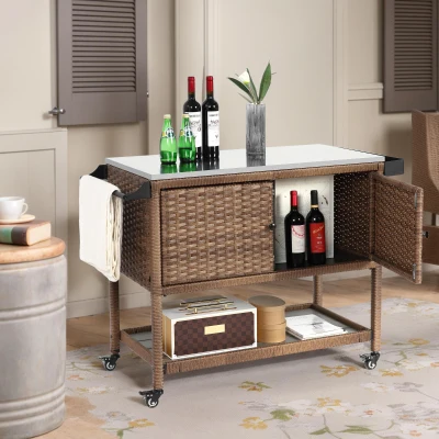Outdoor Wicker Bar Cart with Wheels, Brown