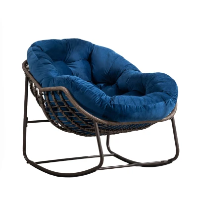 Outdoor Rattan Rocking Chair with Padded Cushion, Navy Blue