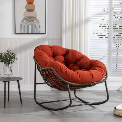 Outdoor Rattan Rocking Chair with Padded Cushion, Orange