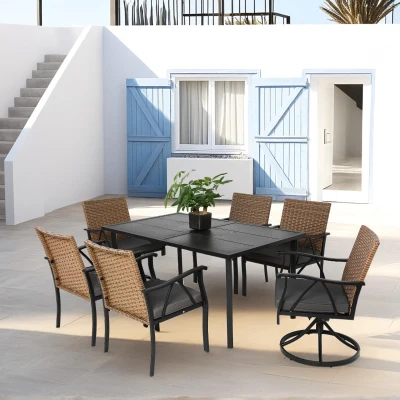 7-Piece Patio Dining Set with Swivel Rocker Chairs, Brown+Grey