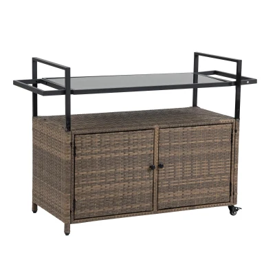 Outdoor Wicker Bar Cart with Wheels, Light Brown