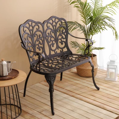 Patio Garden Bench with Floral Rose Design, Black