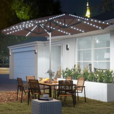 Outsunny 15ft Double-Sided Patio Umbrella with Solar Lights, Tan