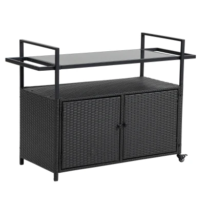 Outdoor Wicker Bar Cart with Glass Top and Wheels, BlacK