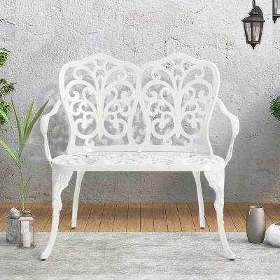 Waterproof and Rust-Proof Patio Garden Bench with Floral Rose Design, White