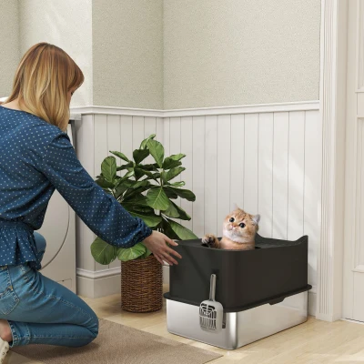 PawHut Extra Large Stainless Steel Enclosed Cat Litter Box, Black