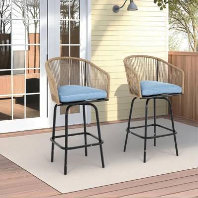 Set of 2 Outdoor Bar Stools with Armrests and Backrest, Blue