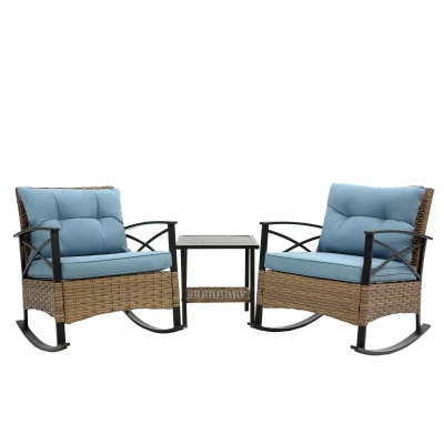3-Piece Outdoor Rocking Rattan Chair Set with Steel Frame, Blue