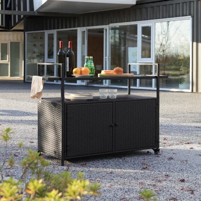Outdoor Wicker Bar Cart with Glass Top and Wheels, BlacK