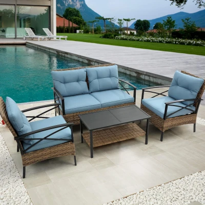 4-Piece Patio Sectional Sofa Set with Steel, Blue