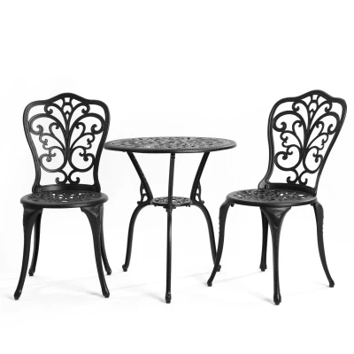 3-Piece Outdoor Patio Bistro Set with Decorative Floral Design, Black