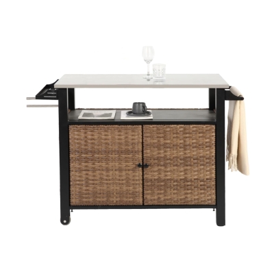 Outdoor Kitchen Wicker Island Rolling Cart with Wheels, Brown