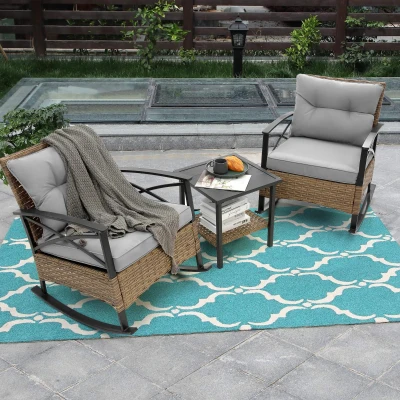3-Piece Outdoor Rocking Rattan Chair Set with Steel Frame, Grey