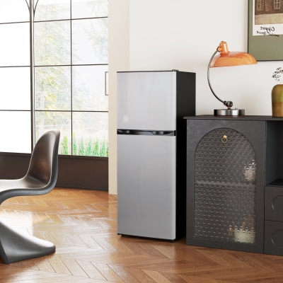 HOMCOM Double Door Mini Fridge with Freezer, 4.6 Cu.Ft Small Refrigerator with Thermostat, Shelves, Reversible Door, Silver