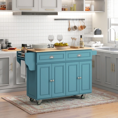 HOMCOM Kitchen Island with Storage, Rolling Kitchen Island with Drop Leaf, Rubber Wood Top and Adjustable Shelves, Light Blue