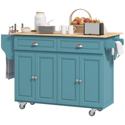 HOMCOM Kitchen Island with Storage, Rolling Kitchen Island with Drop Leaf, Rubber Wood Top and Adjustable Shelves, Light Blue