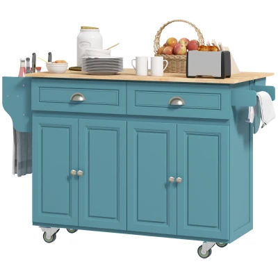 HOMCOM Kitchen Island with Storage, Rolling Kitchen Island with Drop Leaf, Rubber Wood Top and Adjustable Shelves, Light Blue