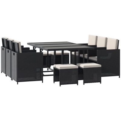 Outsunny 11 Pieces Wicker Patio Dining Set, Space-saving Outdoor Furniture Set with Removable Cushions, Glass Top Dining Table, 6 Armchairs, 4 Ottomans, PE Rattan Conversation Set