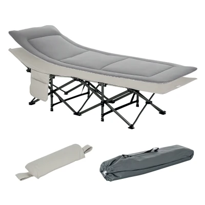 Outsunny Folding Camping Cot with Mattress & Pillow, Double Layer Oxford Heavy Duty Sleeping Cot with Carry Bag Light Grey