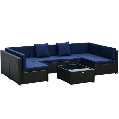 Outsunny 7 Piece Patio Furniture Set, PE Rattan Outdoor Conversation Set with Sectional Sofa, Glass Tabletop, Cushions and Pillows for Garden, Lawn, Deck, Brown and Royal Blue