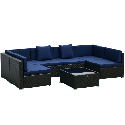 Outsunny 7 Piece Patio Furniture Set, PE Rattan Outdoor Conversation Set with Sectional Sofa, Glass Tabletop, Cushions and Pillows for Garden, Lawn, Deck, Brown and Royal Blue