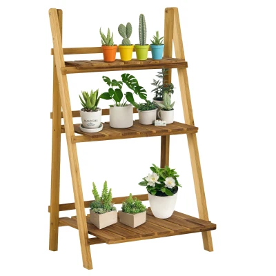 Outsunny Outdoor Plant Stand, Foldable Flower Stand 3-Tier Wooden Plant Shelf for Garden Indoor Outdoor, 24" x 14" x 37"