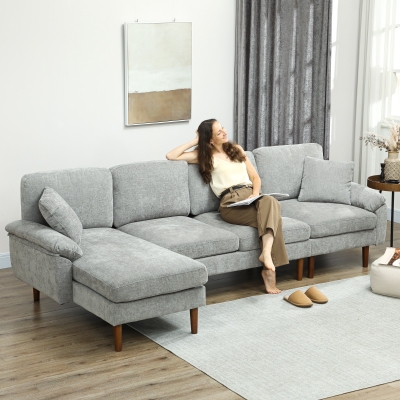 HOMCOM L-Shape Sofa, Modern Sectional Couch with Changeable Chaise Lounge, Pillows and Wooden Legs for Living Room, Grey