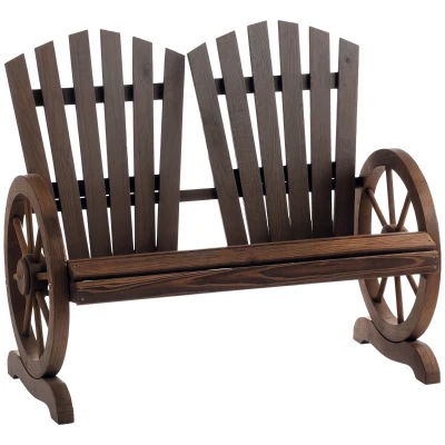 Outsunny Outdoor Garden Bench, 2- Seat Patio Wooden Bench with Wheel-Shaped Armrests for Yard, Carbonized color