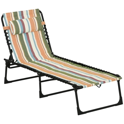 Outsunny Outdoor Folding Lounge Chair, 4-Level Adjustable Chaise Lounge with Headrest, Tanning Chair Beach Bed, Reclining Lounger Cot for Camping, Hiking, Backyard, Multicoloured