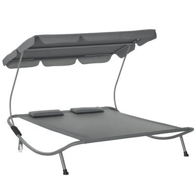 Outsunny Double Patio Lounger with Adjustable Canopy, Outdoor Daybed Hammock Lounger with Headrest Pillows, Two Moving Wheels for Poolside, Garden, Grey