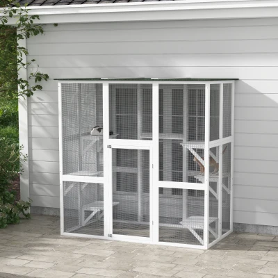 PawHut Large Outdoor Catio Enclosure, Wooden Cat Patio with 6 Balanced Platforms and Asphalt Roof, 70.9" x 38.6" x 70.9", White
