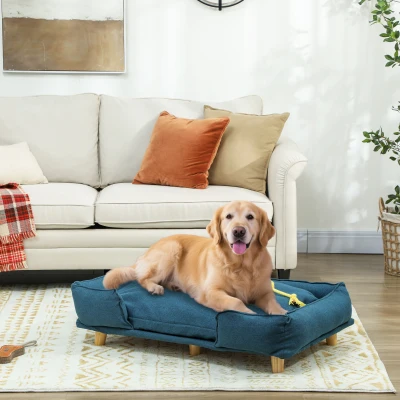 PawHut Raised Dog Couch, Large, Pine Wood Legs, Dark Blue