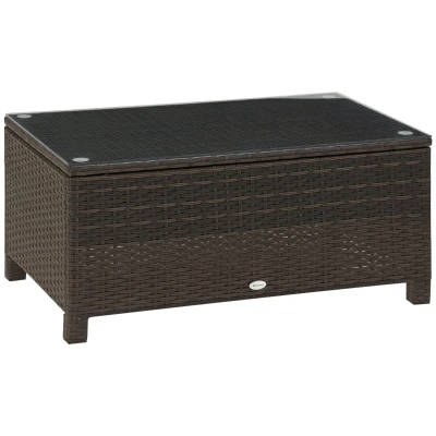 Outsunny Rattan Wicker Coffee Table with Glass Top Outdoor Garden Patio Furniture Brown Tempered