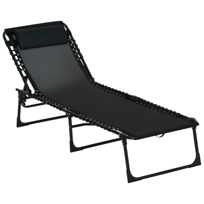 Outsunny Outdoor Folding Lounge Chair, 4-Level Adjustable Chaise Lounge with Headrest, Tanning Chair Beach Bed Reclining Lounger Cot for Camping, Hiking, Backyard, Black