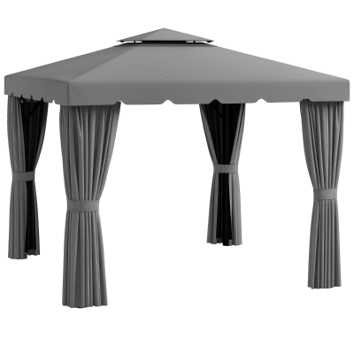 Outsunny 10' x 10' Outdoor Patio Gazebo Double Soft-top Garden Shelter Tent with Curtains, & Mesh Screen Drapes, Light Grey