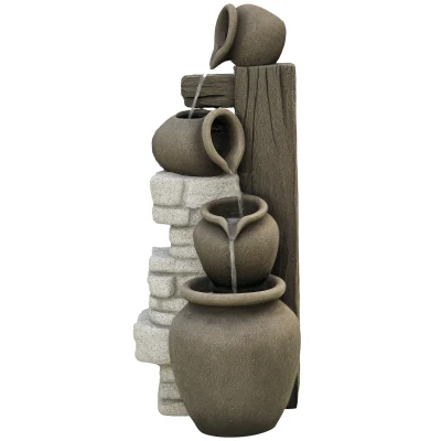 Outsunny Wine Jars Outdoor Waterfall Fountain with Adjustable Flow, 4-Tier Rustic Resin Cascading Water Fountain, Decorative Backyard Water Feature for Zen Garden, Deck, Porch