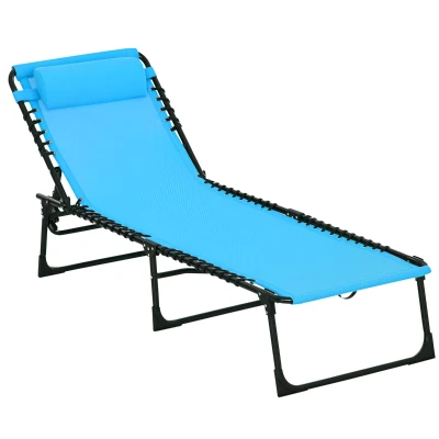 Outsunny Outdoor Folding Lounge Chair, 4-Level Adjustable Chaise Lounge with Headrest, Tanning Chair Beach Bed, Reclining Lounger Cot for Camping, Hiking, Backyard, Sky Blue