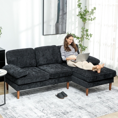 HOMCOM Modern Corner Couch with Right Chaise Lounge, Tufted 3-Seater Sofa with Wooden Legs for Living Room, Black