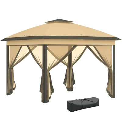 Outsunny 11' x 11' Pop Up Canopy, Double Roof Foldable Canopy Tent with Zipper Mesh Sidewalls, Height Adjustable and Carrying Bag, Event Tent for Patio Garden Backyard, Beige