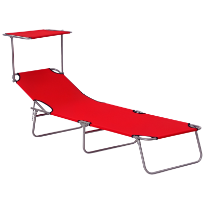 Outsunny Outdoor Lounge Chair, Adjustable Folding Chaise Lounge, Tanning Chair with Sun Shade for Beach, Camping, Hiking, Backyard, Red