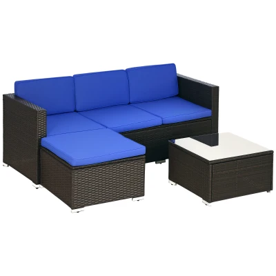 Outsunny 3 Pieces Patio Furniture Set with Cushions, Outdoor PE Rattan Wicker Conversation Corner Sofa Set with Glass Top Table and Adjustable Foot for Garden, Lawn, Blue