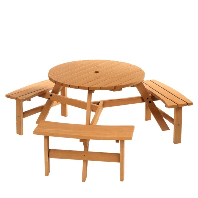 Outsunny 6 Person Round Picnic Table Bench Set with Umbrella Hole, Wood Patio Table with 3 Built-in Benches for Garden, Deck, Backyard, Brown