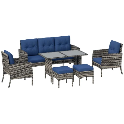 Outsunny 6 Piece Patio Furniture Set with Patio Chairs, Ottomans, Sofa, Glass Top Table and Cushions, Wicker Rattan Outdoor Furniture Set for Backyard, Porch, Navy Blue