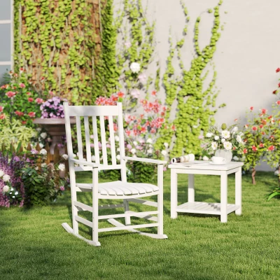 Outsunny Wooden Outdoor Rocking Chair with Armrests, White