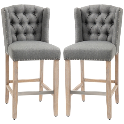 HOMCOM Counter Height Bar Stools Set of 2, Upholstered Bar Chairs with Nailhead Backrest and Footrest, Grey